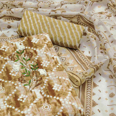 Brown Printed With Floral Embroidery Pure Cotton Dress Material
