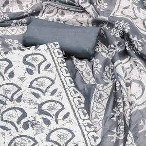 Grey Printed Pure Cotton Dress Material