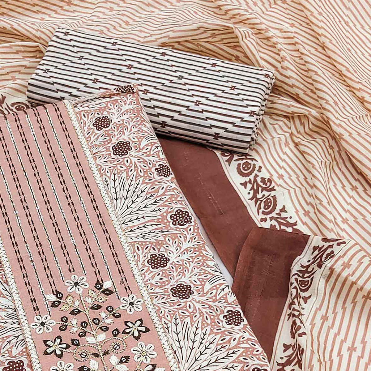 Light Brown Floral Printed With Embroidery Pure Cotton Dress Material
