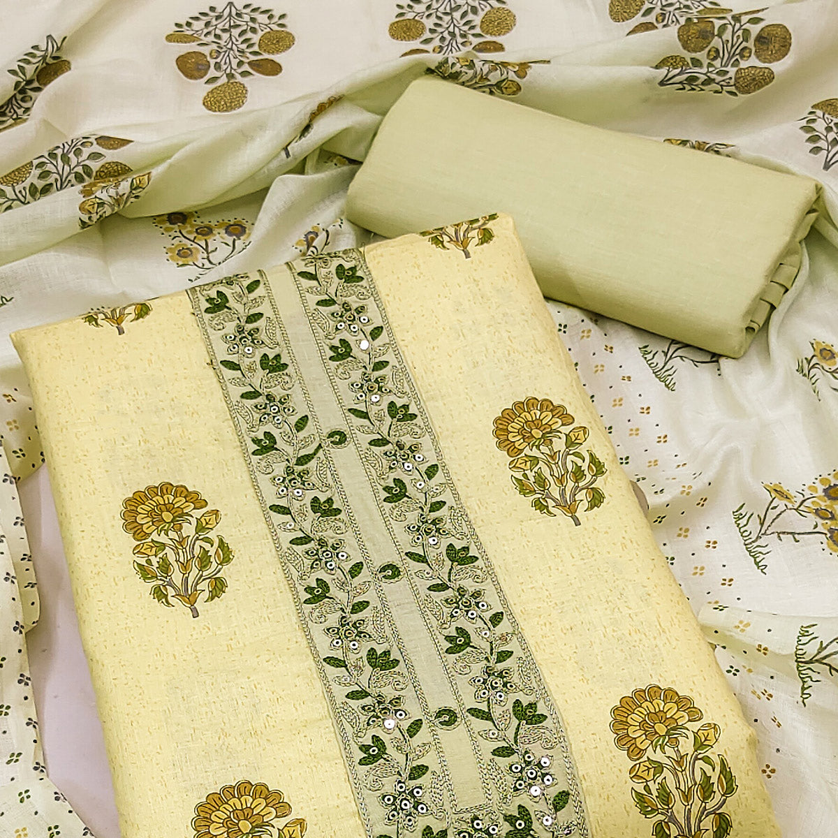 Light Yellow Floral Printed With Embroidery Pure Cotton Dress Material