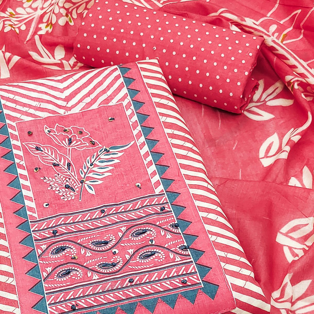 Gajri Pink Printed Pure Cotton Dress Material