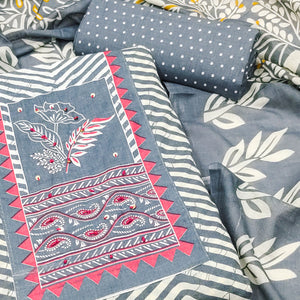 Grey Printed Pure Cotton Dress Material