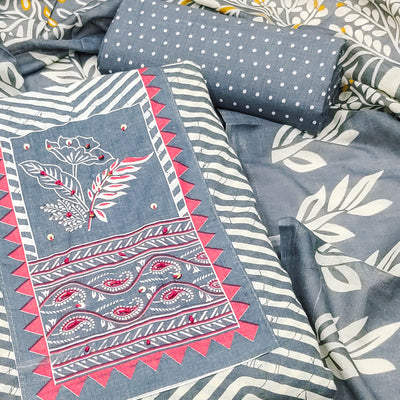 Grey Printed Pure Cotton Dress Material