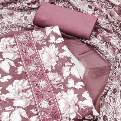 Mauve Floral Printed Pure Cotton Dress Material