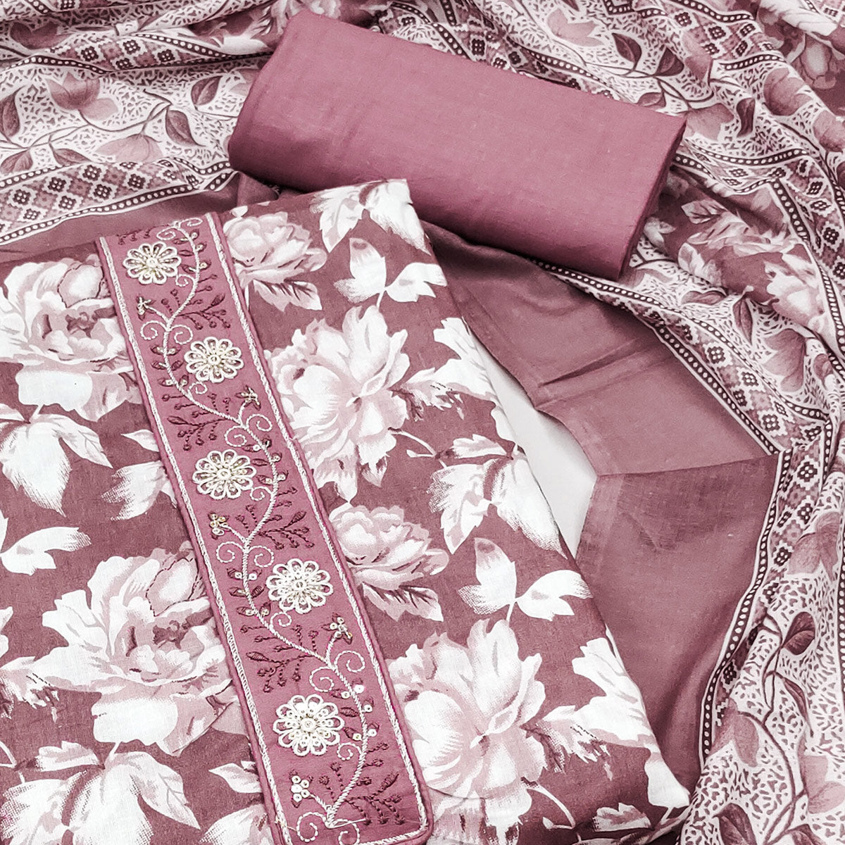 Mauve Floral Printed Pure Cotton Dress Material