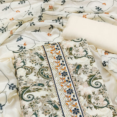 Cream & Green Floral Printed Pure Cotton Dress Material