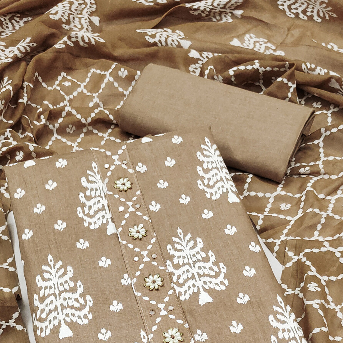 Brown Floral Printed Pure Cotton Dress Material