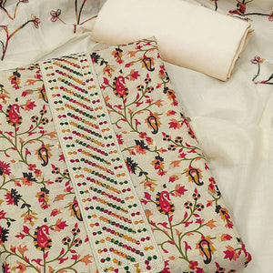 Cream Floral Printed With Embroidered Pure Cotton Dress Material