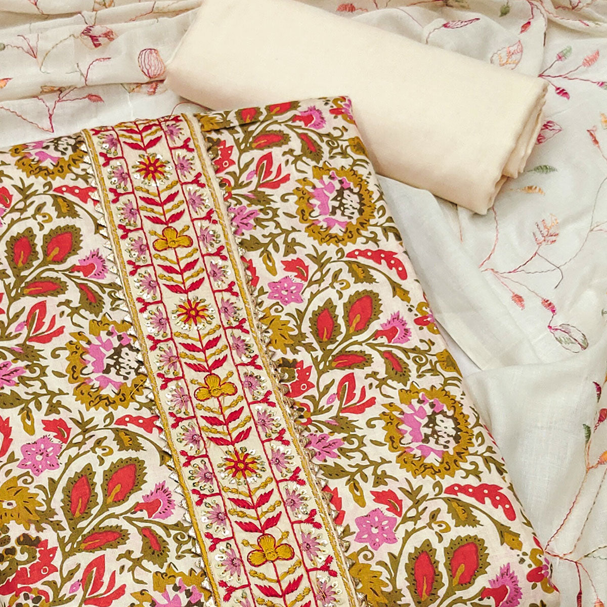 Multicolor Floral Printed With Embroidered Pure Cotton Dress Material