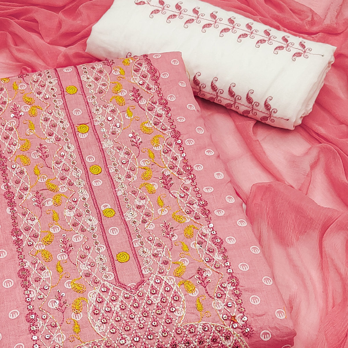 Gajari Pink Geometric Printed With Embroidered Pure Cotton Dress Material