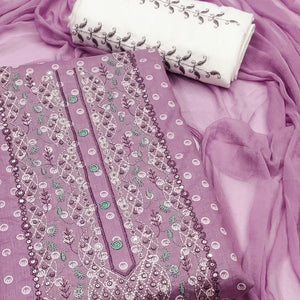 Lavender Geometric Printed With Embroidered Pure Cotton Dress Material