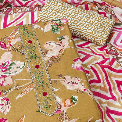 Chikoo Floral Printed With Embroidered Pure Cotton Dress Material