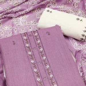 Light Purple Floral Embroidered Pure Cotton Dress Material