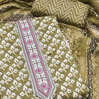 Mehendi Green Floral Printed With Embroidered Pure Cotton Dress Material