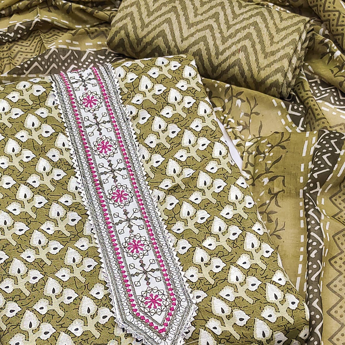 Mehendi Green Floral Printed With Embroidered Pure Cotton Dress Material