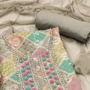 Grey Sequins With Hand Embroidered Muslin Dress Material