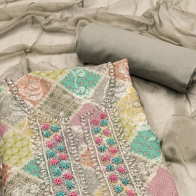 Grey Sequins With Hand Embroidered Muslin Dress Material