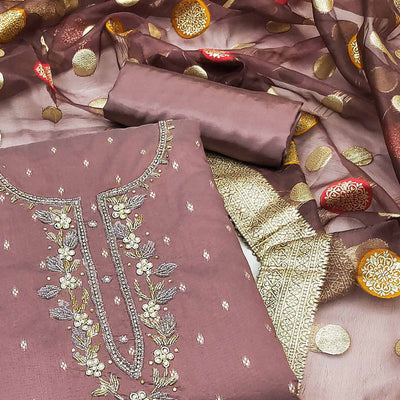 Mauve Hand Embroidered Chanderi Dress Material