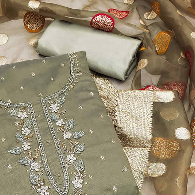 Mehendi Green Hand Embroidered Chanderi Dress Material