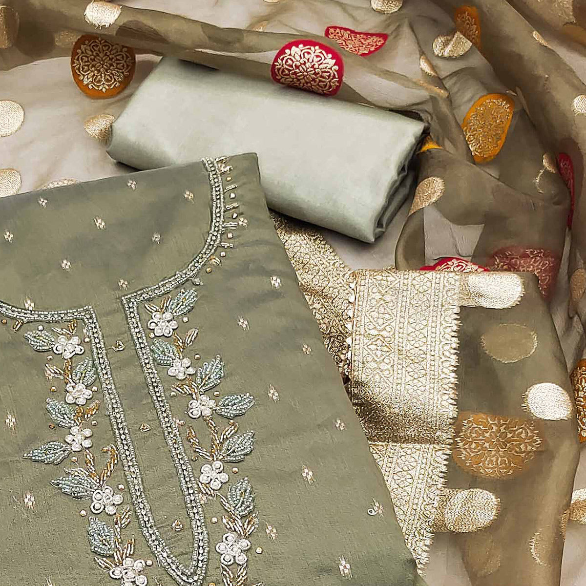 Mehendi Green Hand Embroidered Chanderi Dress Material