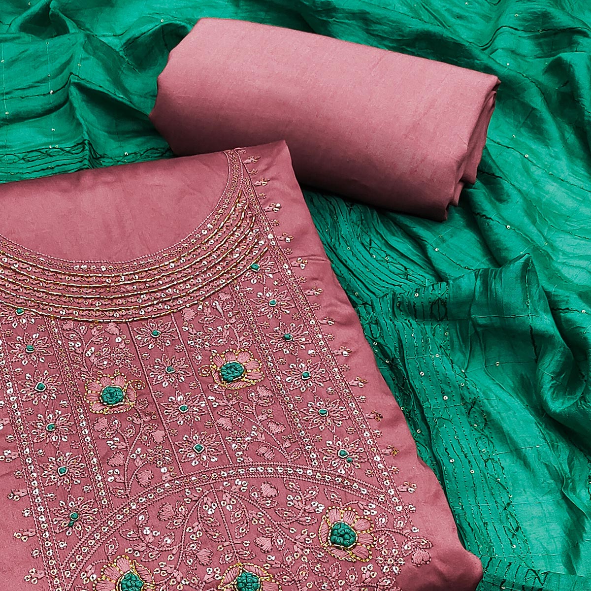 Dusty Pink Sequins Embroidered Cotton Silk Dress Material
