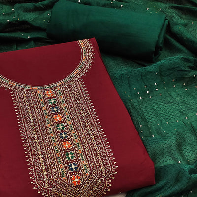 Maroon Embroidered Cotton Silk Dress Material