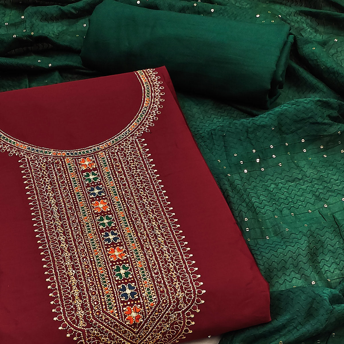 Maroon Embroidered Cotton Silk Dress Material