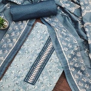 Grey Printed Pure Cotton Dress Material