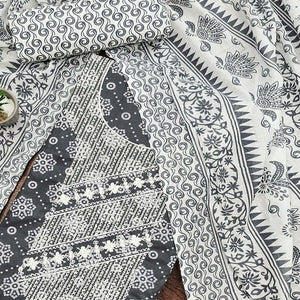 Grey Printed With Embroidered Pure Cotton Dress Material