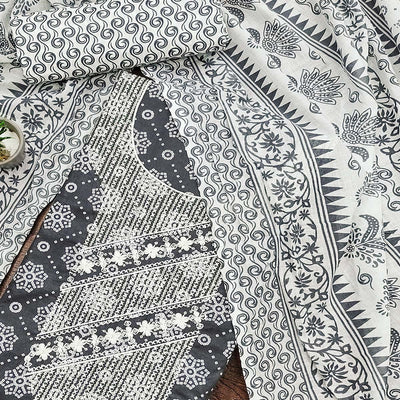 Grey Printed With Embroidered Pure Cotton Dress Material