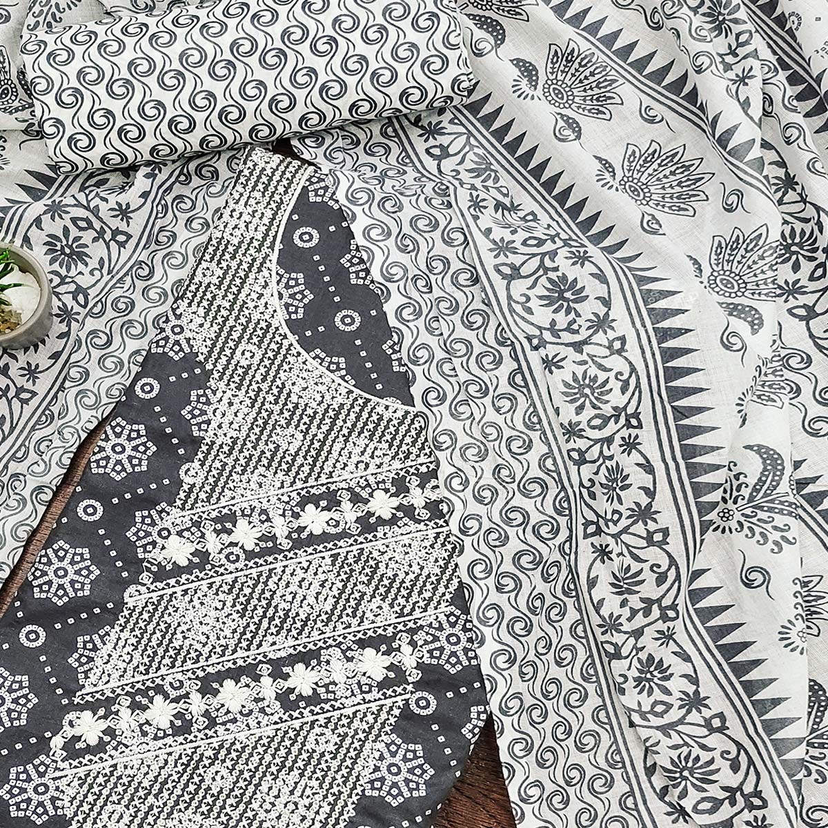 Grey Printed With Embroidered Pure Cotton Dress Material