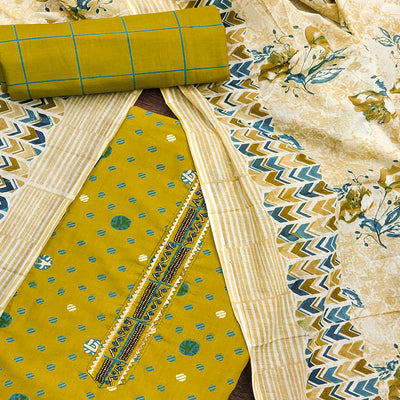 Lemon Green Printed Pure Cotton Dress Material