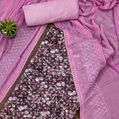 Dark Wine Printed With Embroidered Georgette Dress Material