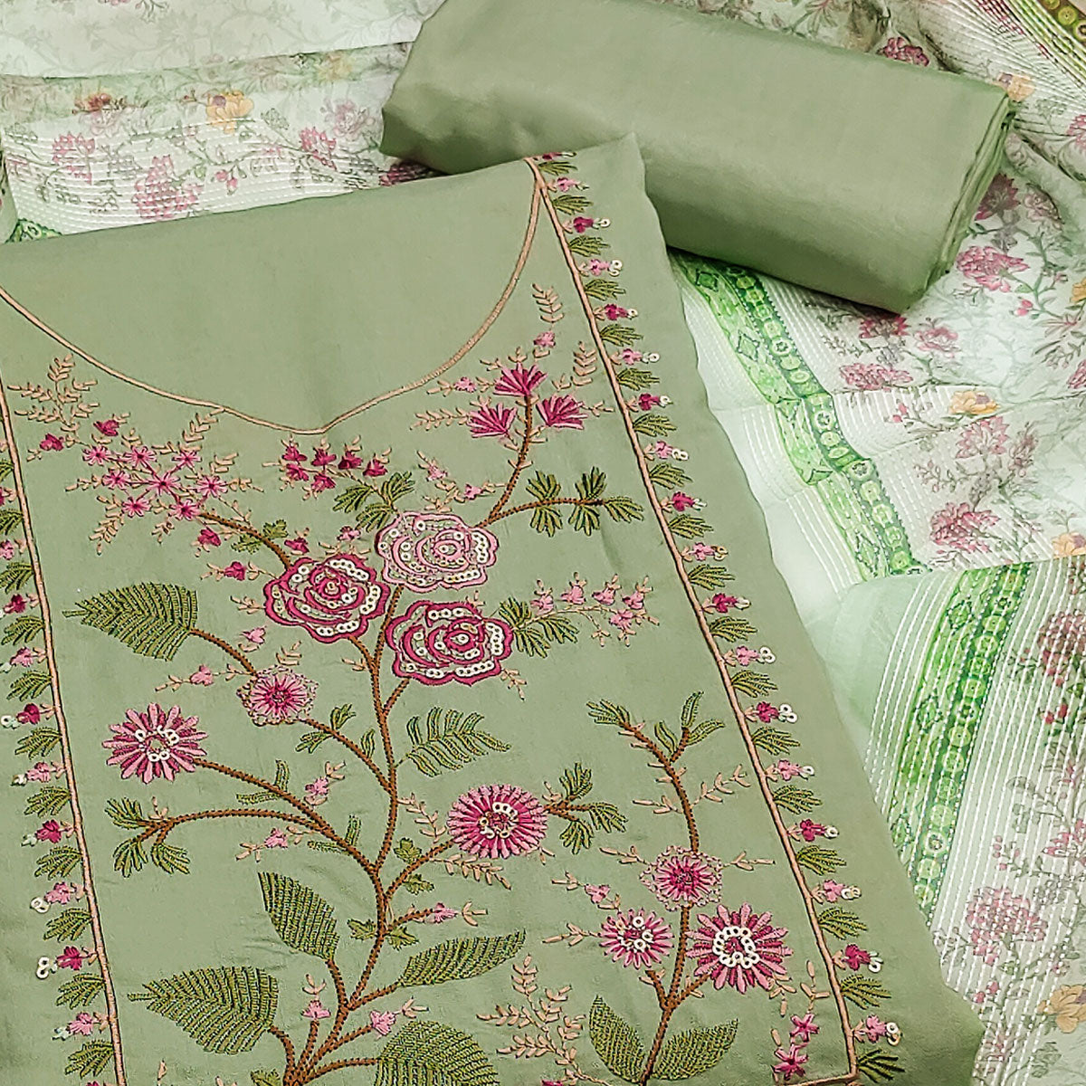 green-floral-sequins-embroidered-roman-cotton-silk-dress-material-3