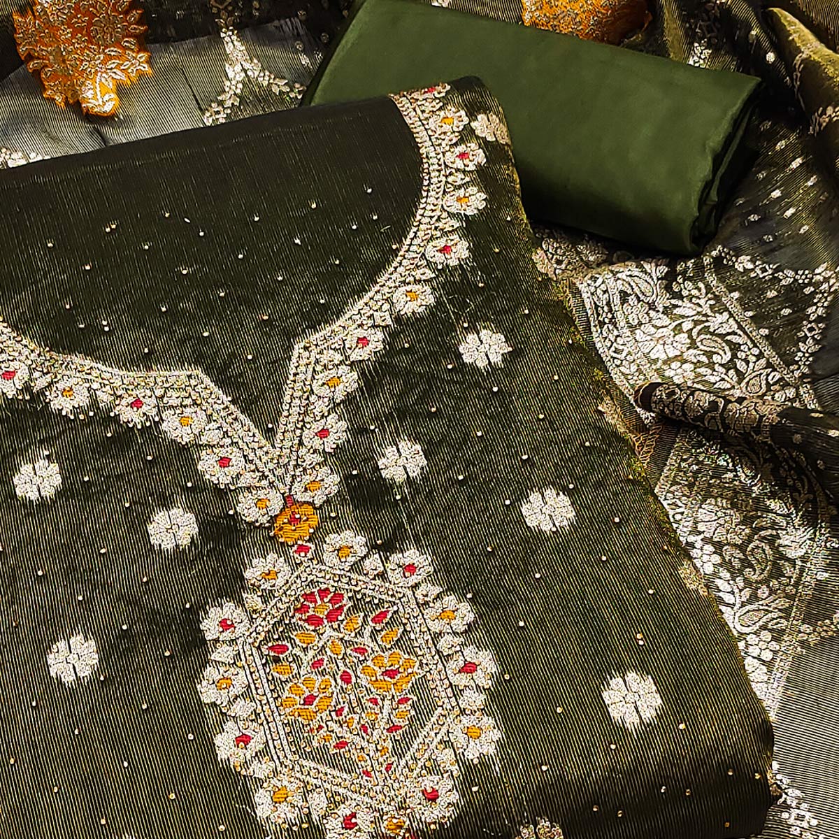 green-woven-with-stonework-shimmer-jacquard-dress-material