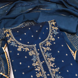 Blue Woven With handwork Chanderi Modal Dress Material