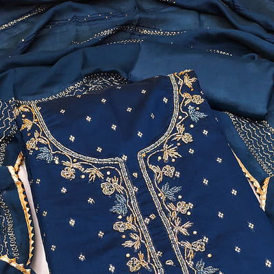 Blue Woven With handwork Chanderi Modal Dress Material