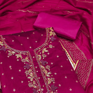 Magenta Woven With handwork Chanderi Modal Dress Material