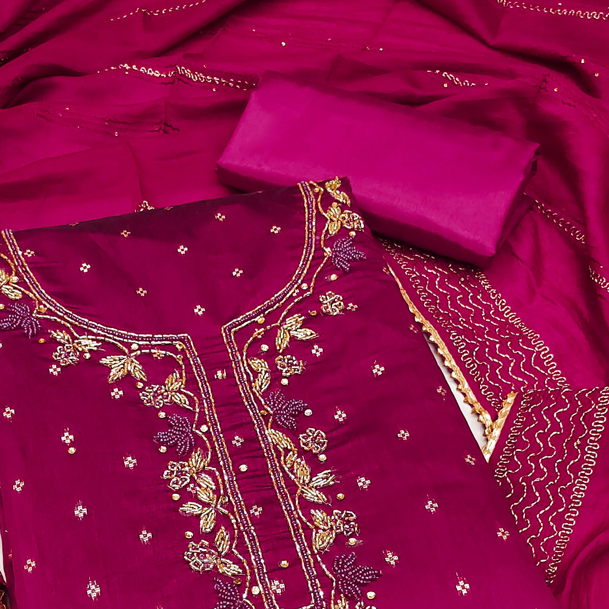 Magenta Woven With handwork Chanderi Modal Dress Material