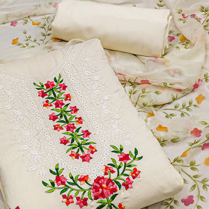 Cream Floral Embroidered Pure Cotton Dress Material