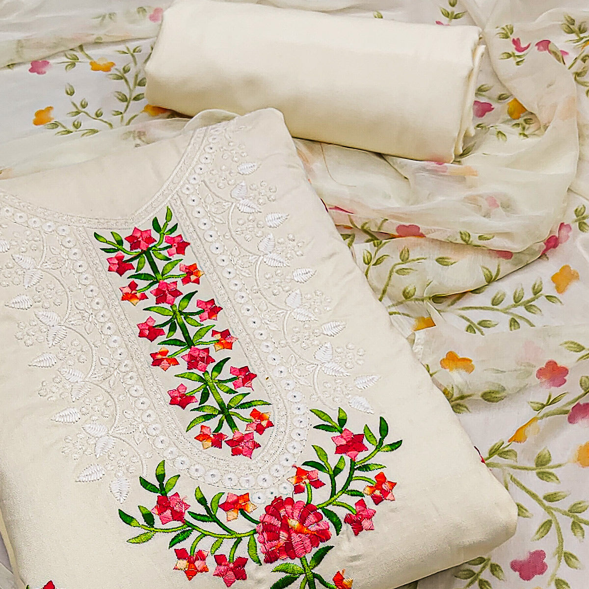 Cream Floral Embroidered Pure Cotton Dress Material