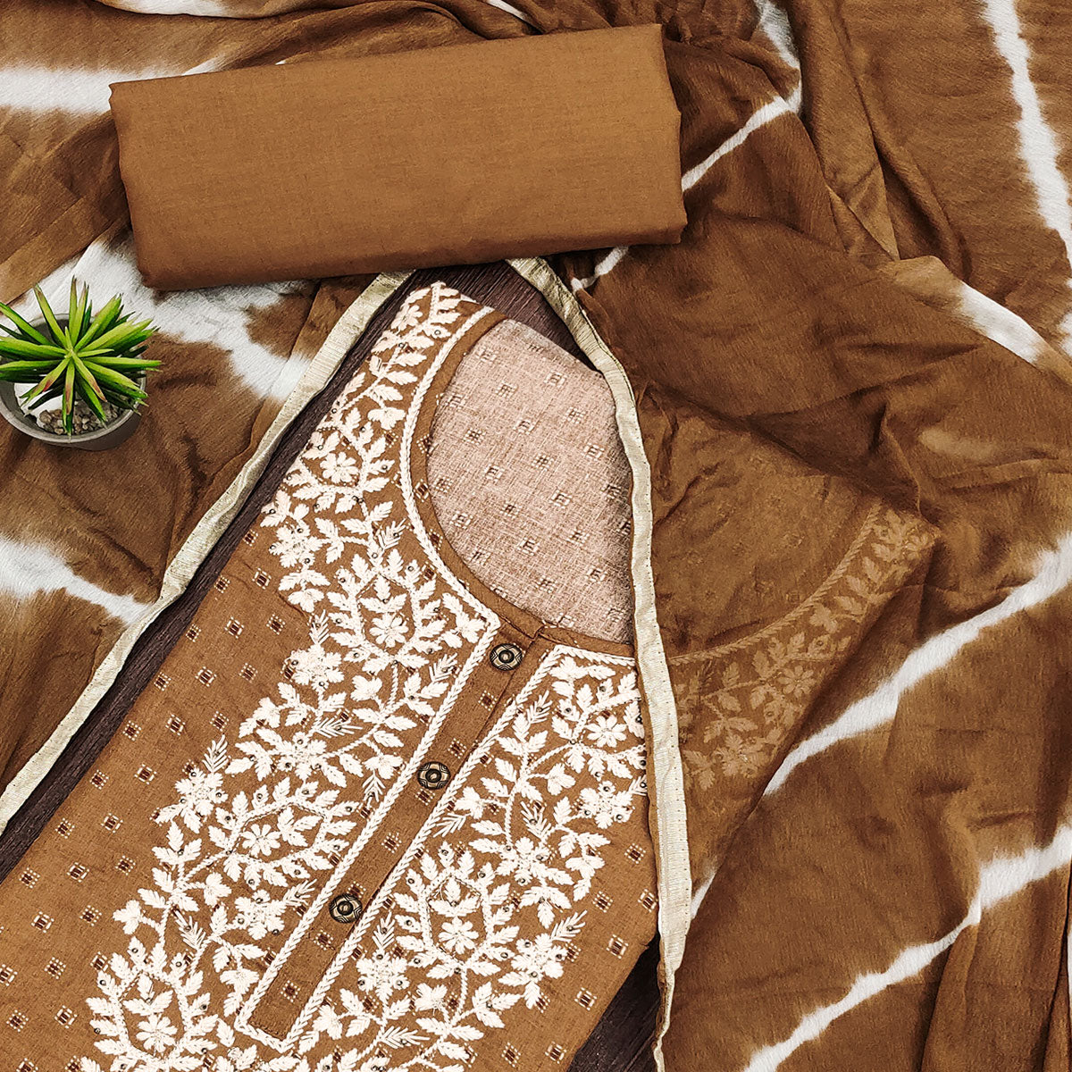 Brown Printed With Embroidery Pure Cotton Dress Material