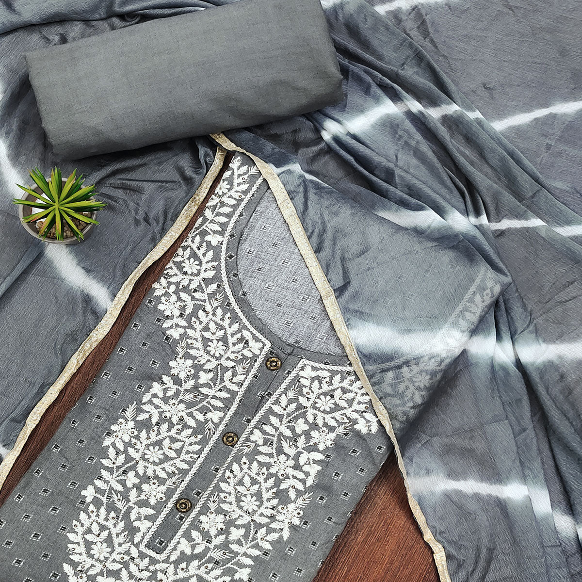 Grey Printed With Embroidery Pure Cotton Dress Material