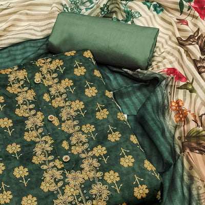 Dark Green Floral Printed With Embroidery Pure Cotton Dress Material