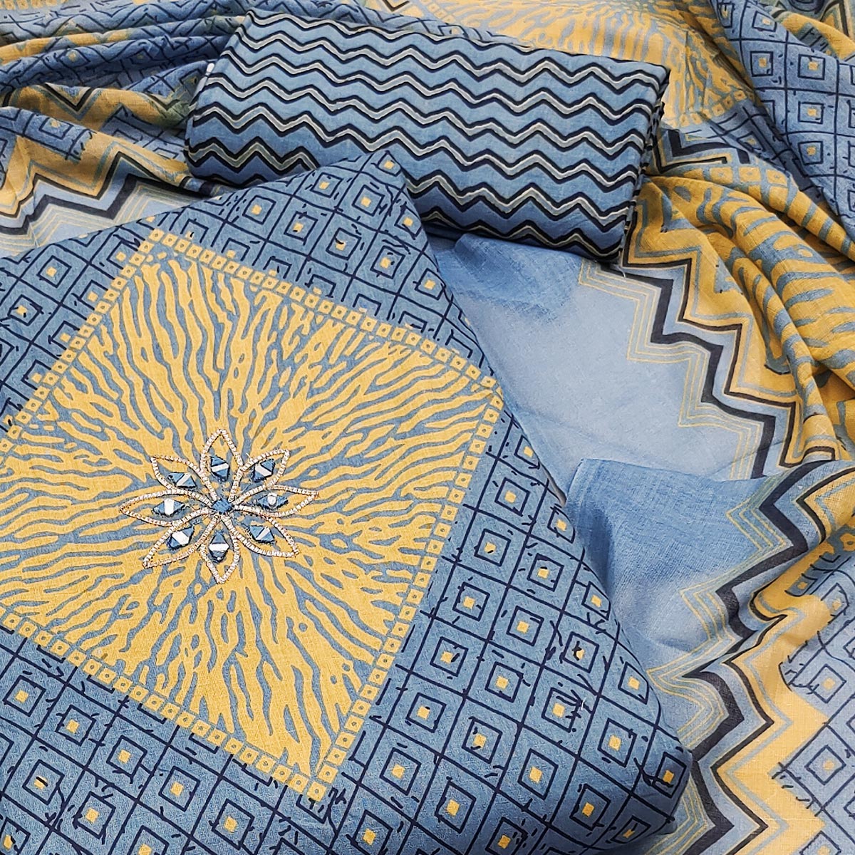 Grey Printed With Embroidered Pure Cotton Dress Material