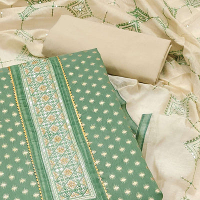 Dusty Green Butti Work Woven Chanderi Silk Dress Material