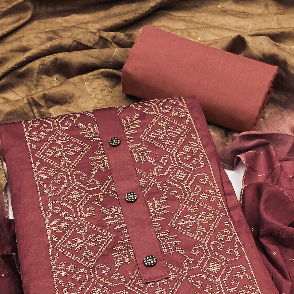 Maroon Floral Embroidery Cotton Silk Dress Material
