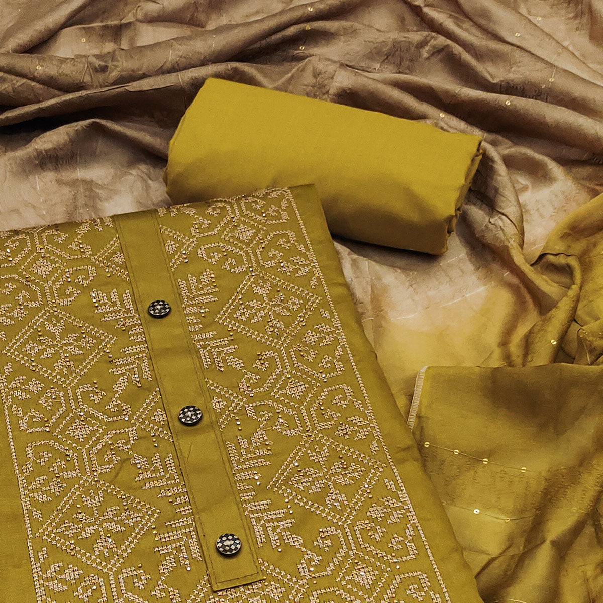 Mehendi Green Floral Embroidery Cotton Silk Dress Material