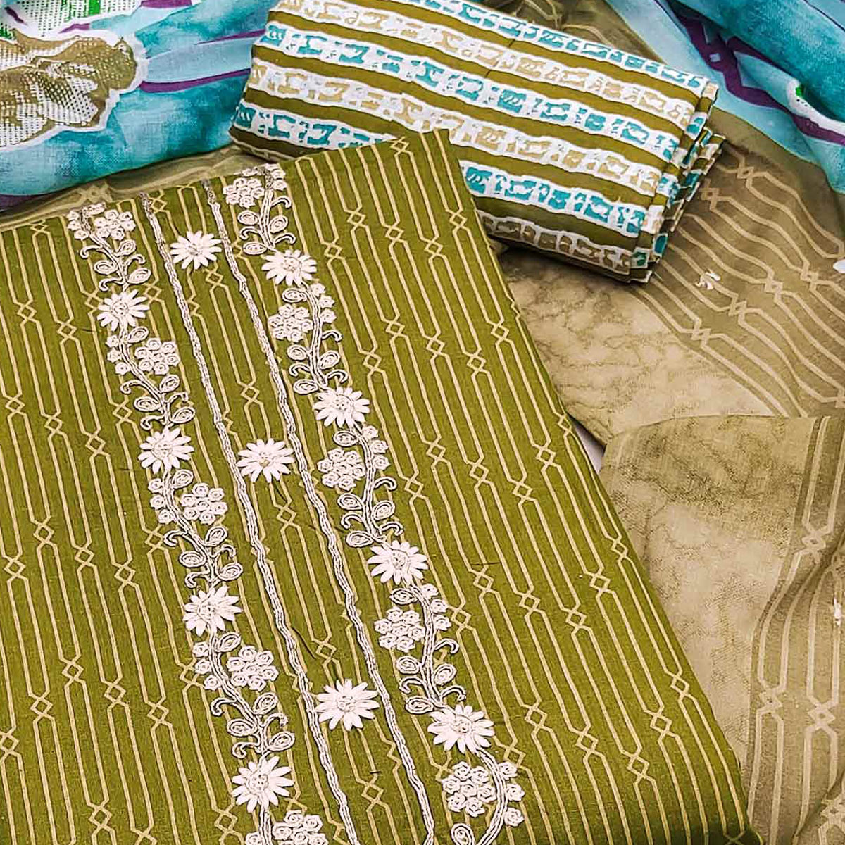 Mehendi Green Printed Pure Cotton Unstitched Dress Material