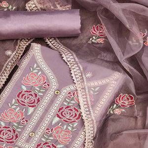 Mauve Floral Embroidered Cotton Blend Dress Material